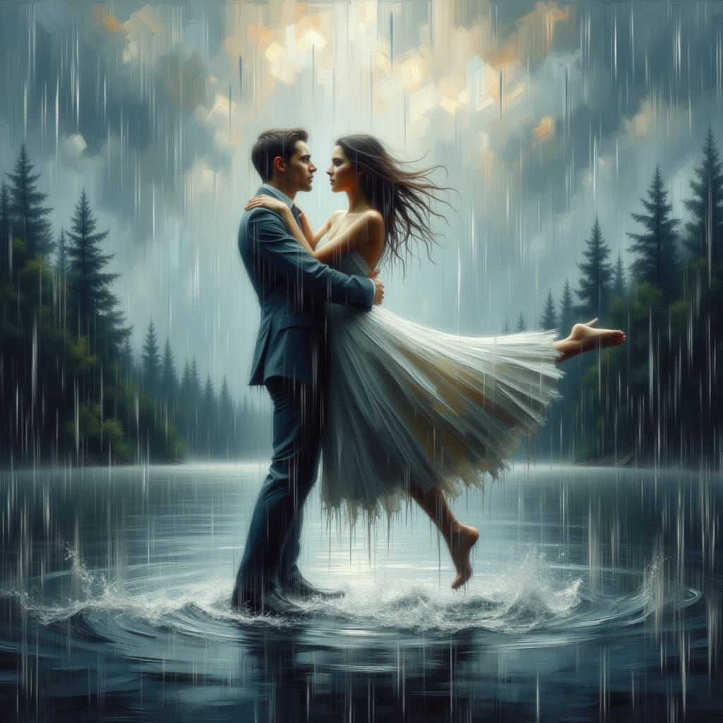 Couple's Iconic Lift in Rainy Lake Impasto Painting