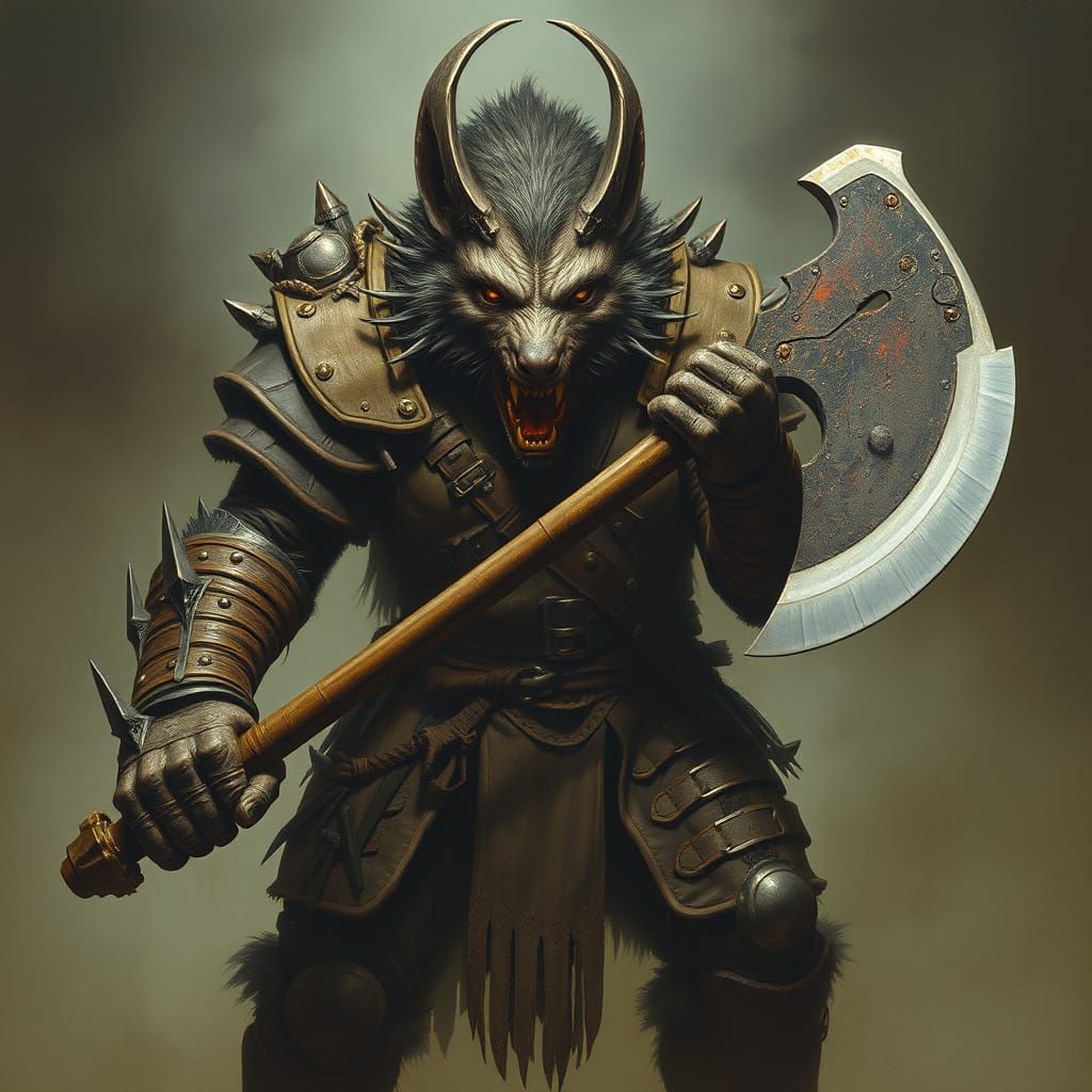 Dark Fantasy Werehyena Wields Massive Axe