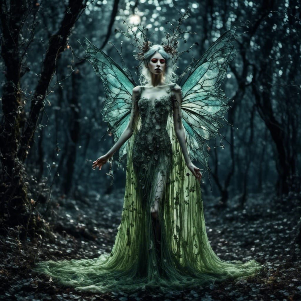 Eerie Fairy in Moonlight, Art Nouveau Style