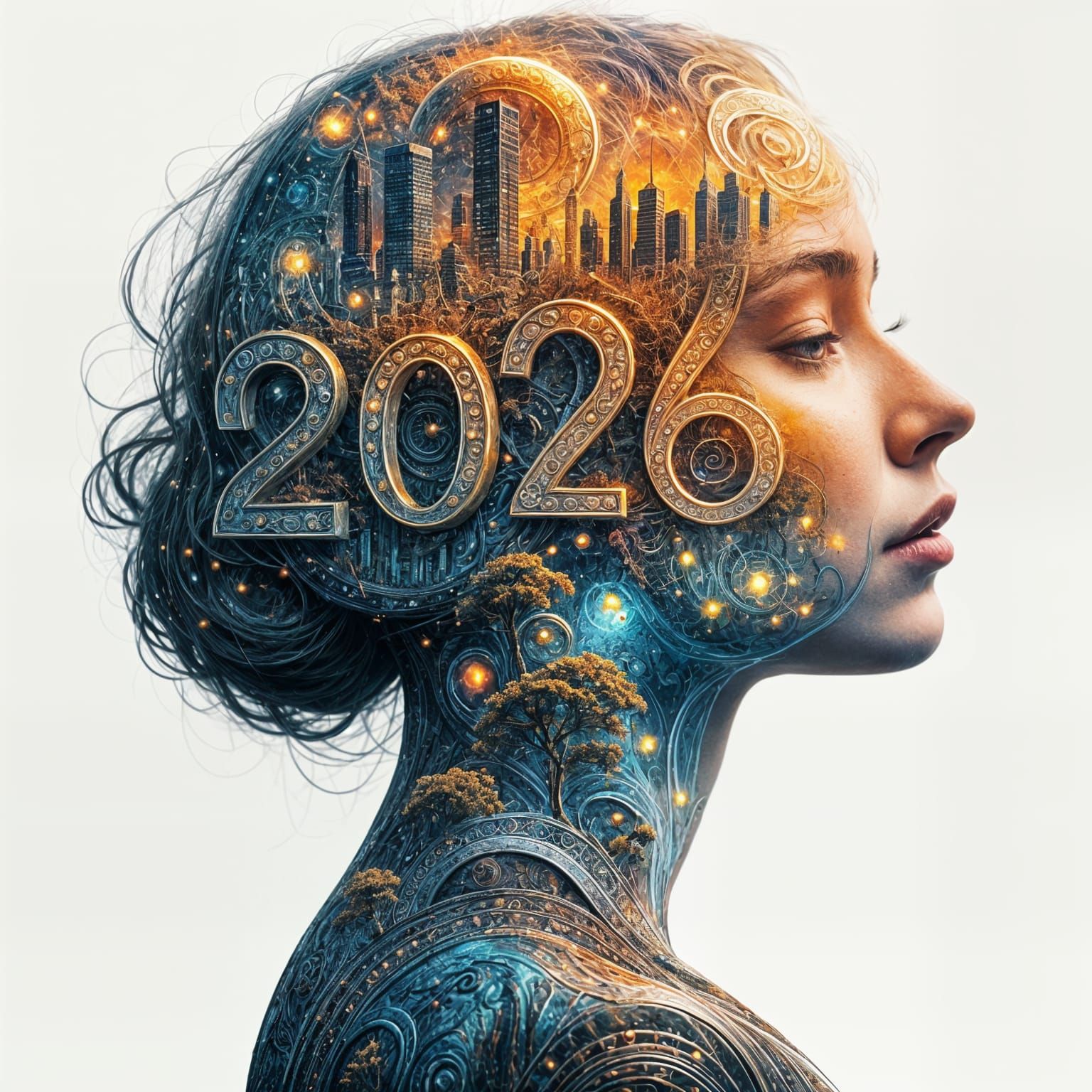 Future Gaze: Woman Face Double Exposed with New Year 2026