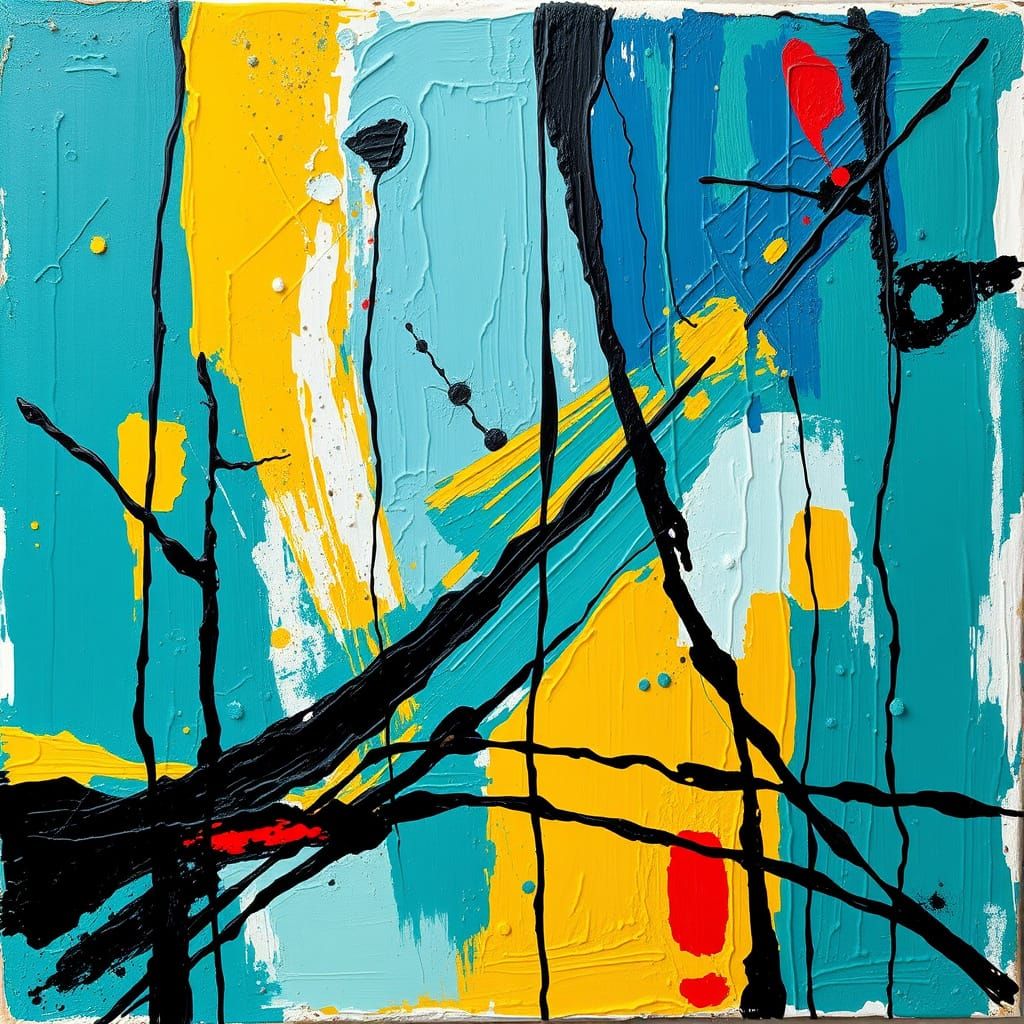 Lyrical Abstraction in Teal and Yellow Ochre