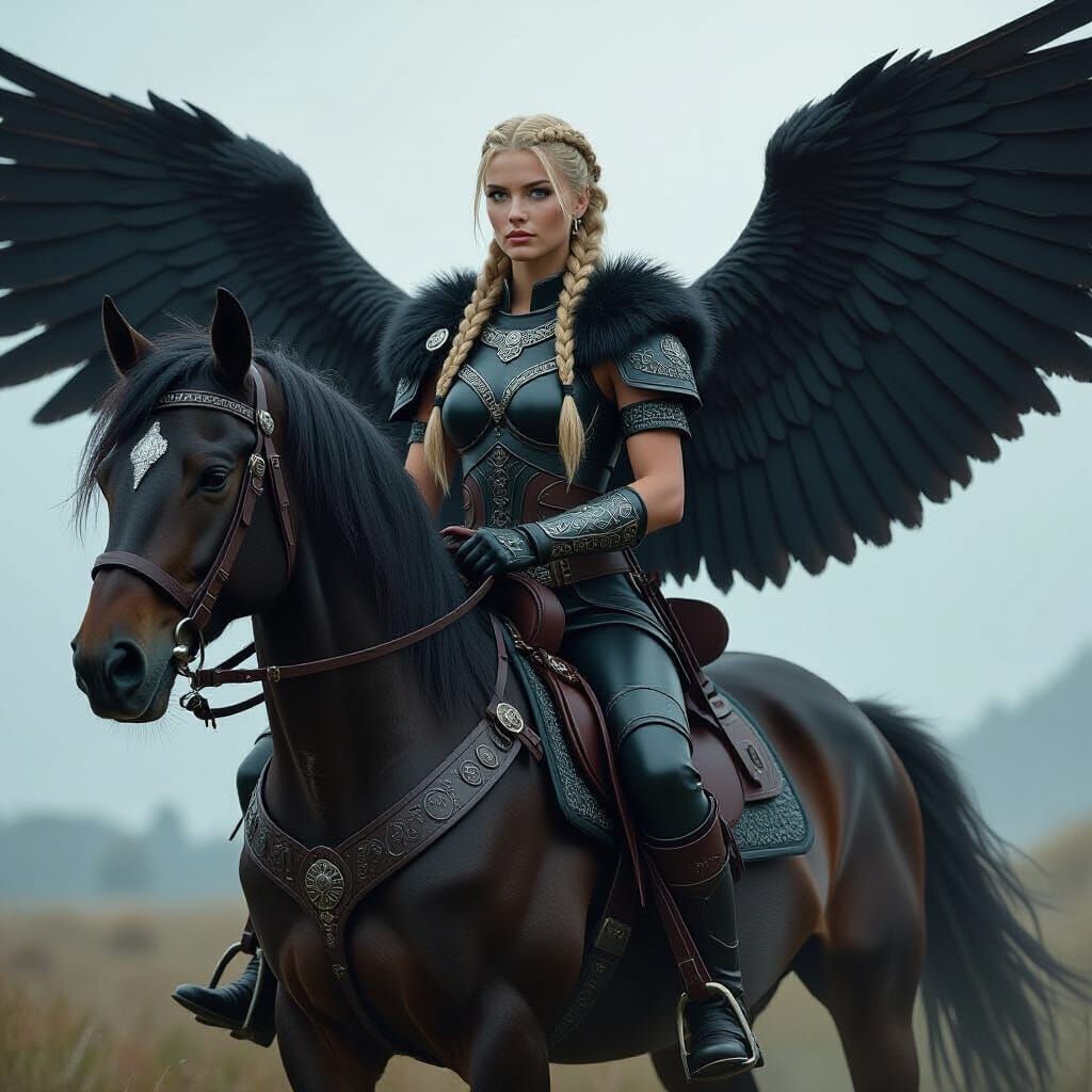 Viking Woman on Winged Horse in Dystopian Realism