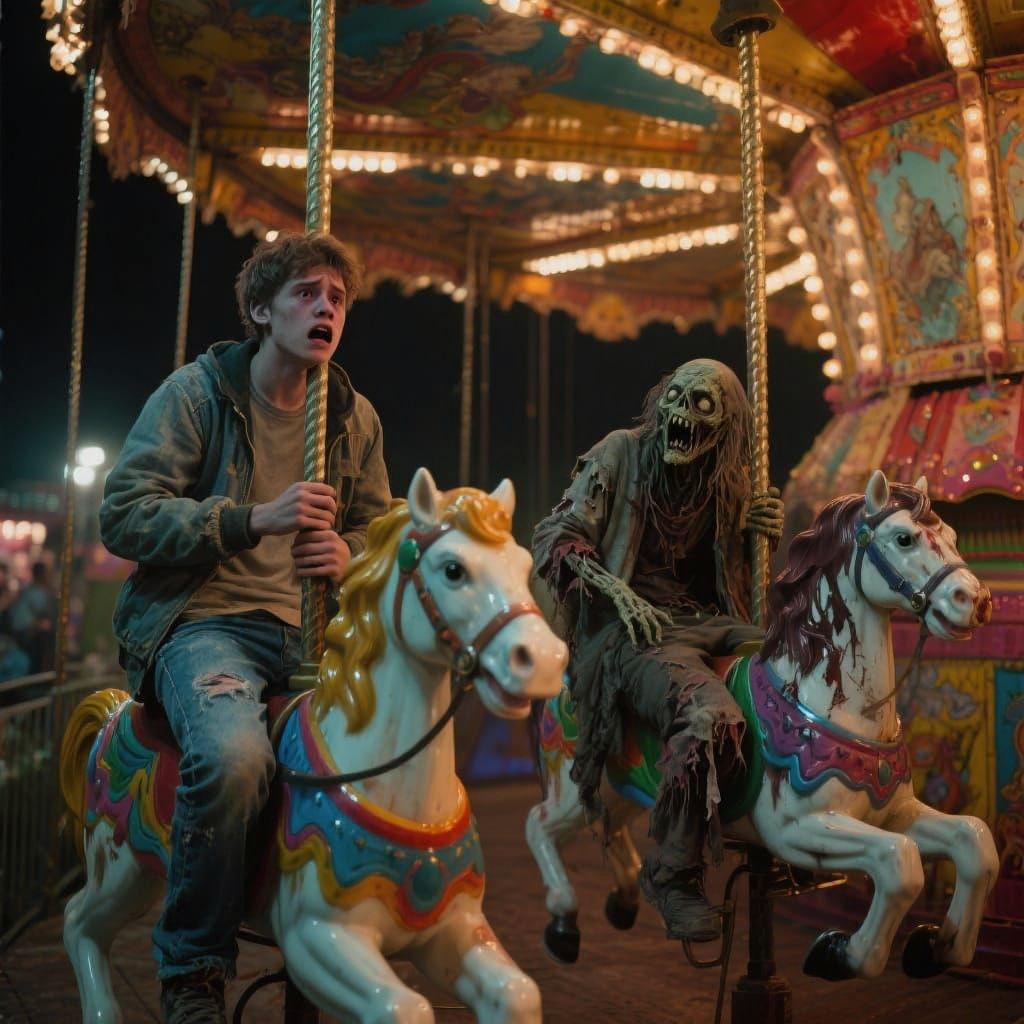 Carousel Horror: Young Man Confronts Zombie