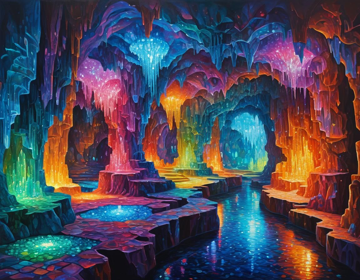 Glittering Crystal Caves: An Impressionistic Oil Painting