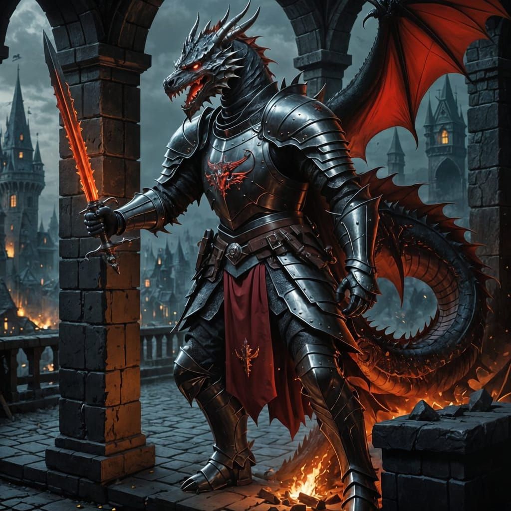 Knight Confronts Dragon in Tower, Dark Fantasy Art