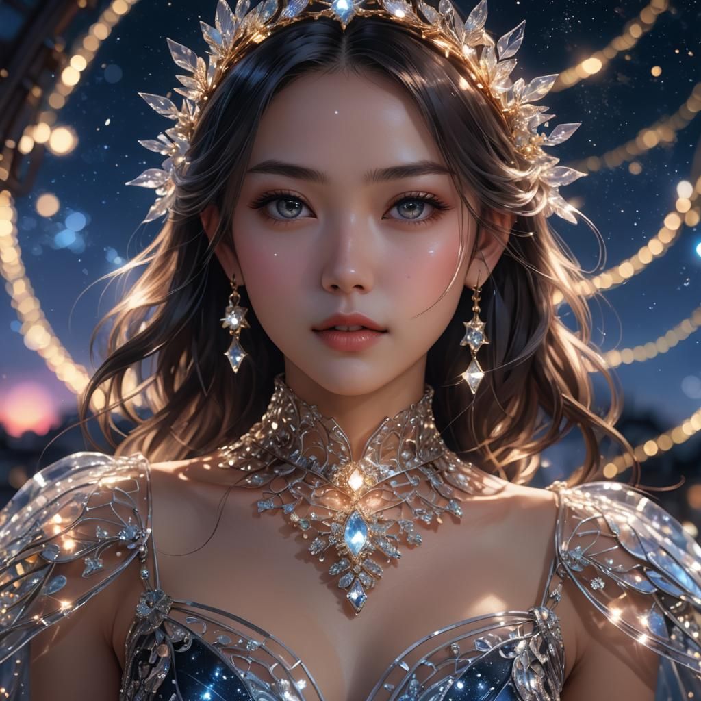 Anime Portrait: Woman in Glass Dress Under Night Sky