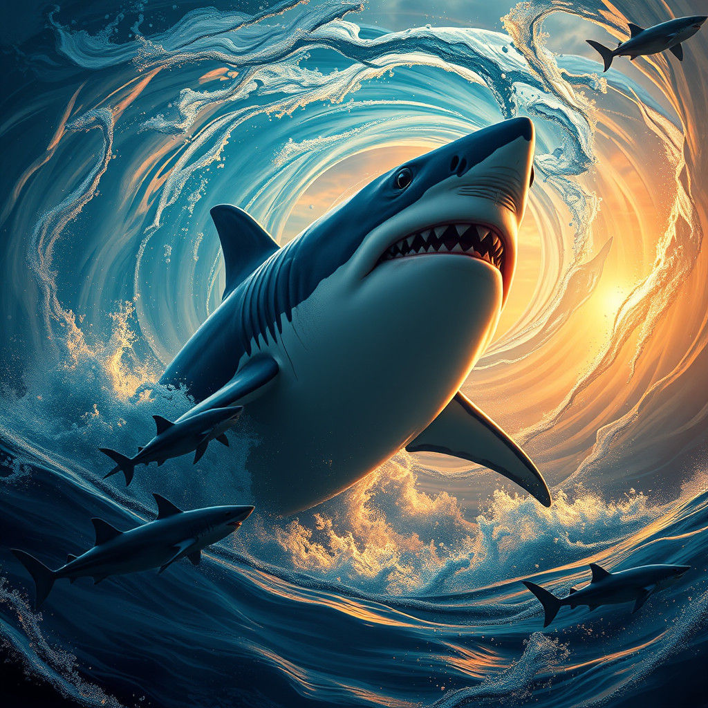 Great White Shark Breaching in Fantasy Underwater Scene
