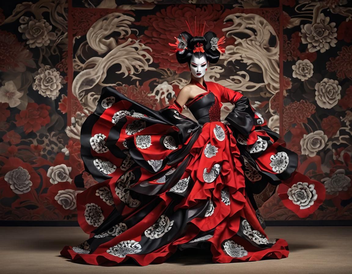Dramatic Woman in Kabuki Mask and Red Gown