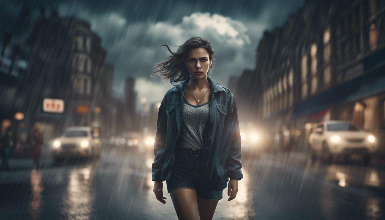 Brunette in Cyberpunk Uptown Street at Night