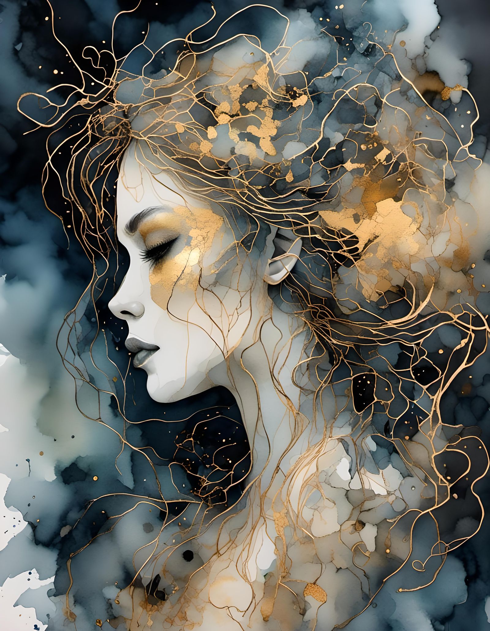 Hyperdetailed Portrait in Black Oil and Gold Ink