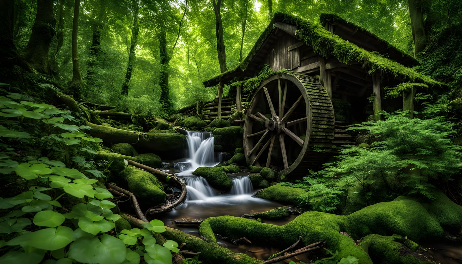 Rustic Water Wheel in Serene Woodland