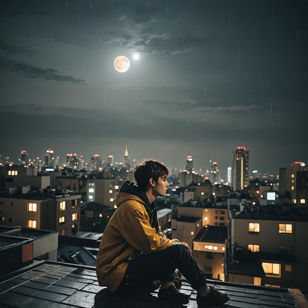 Teenager on Rooftop Under Moonlight: Cinematic Still