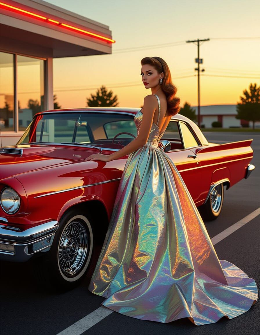1950s Woman in Iridescent Gown with Muscle Car