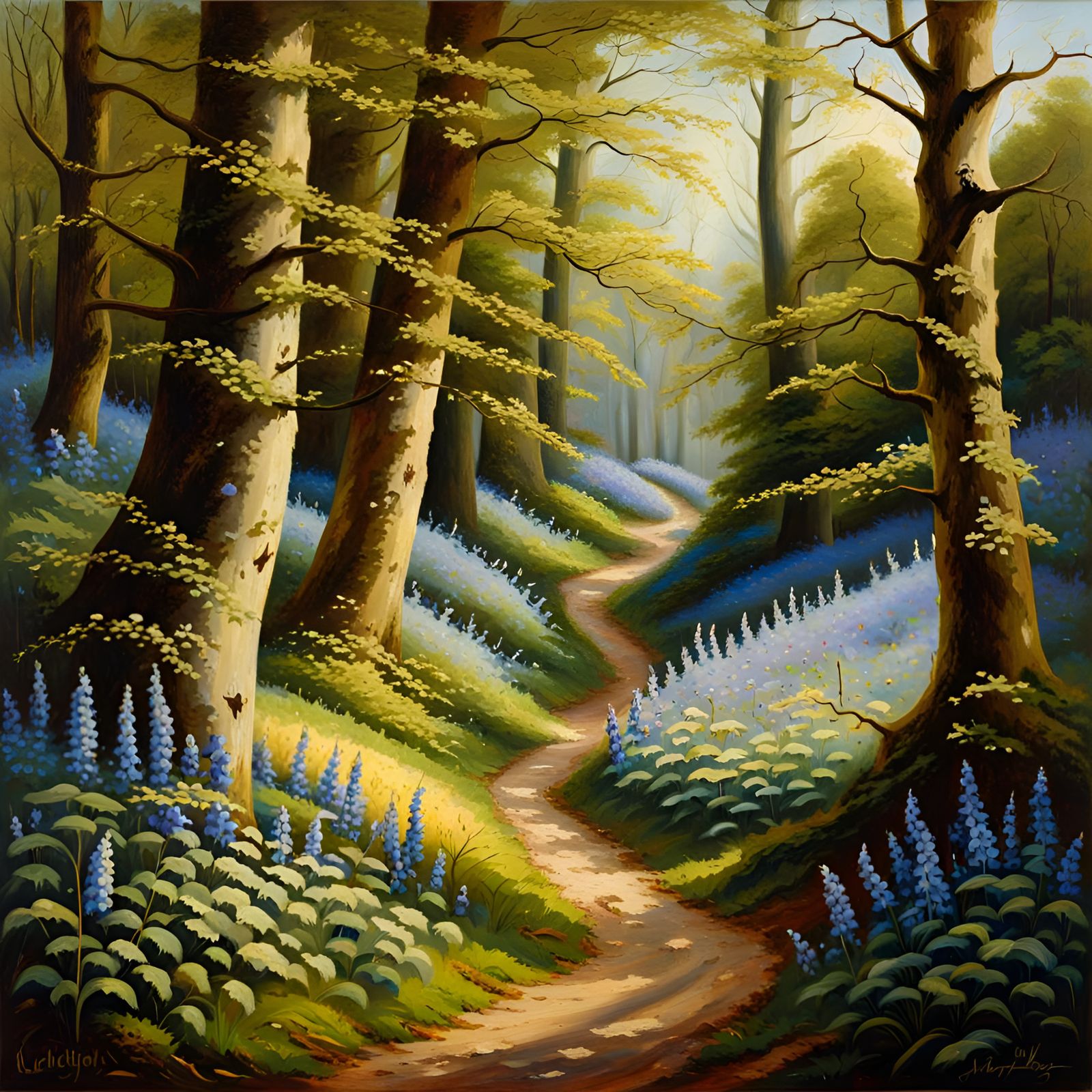 Beech Forest Path with Bluebells: 19th Century Oil Painting