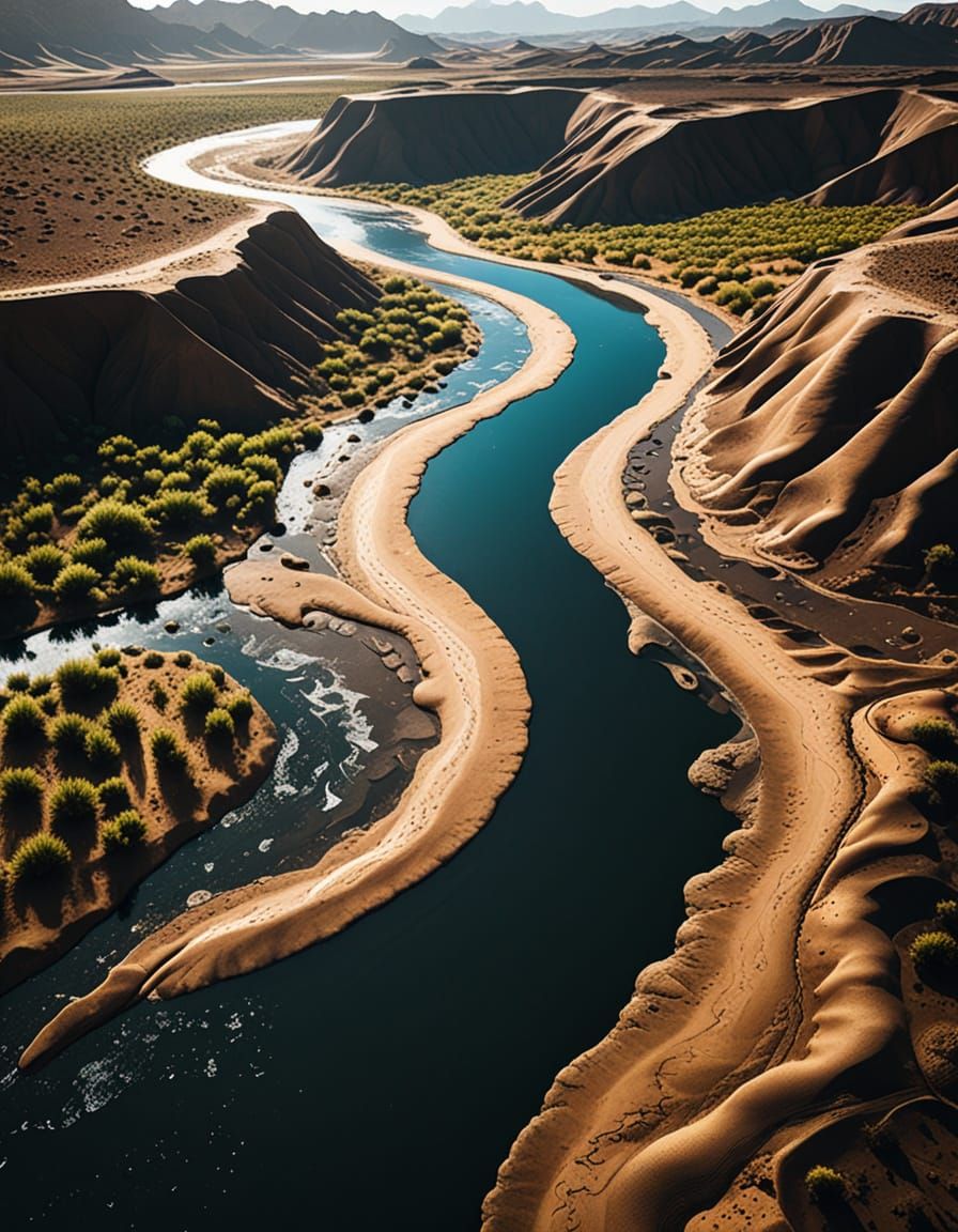 River Meets Drought: Lush Greenery Fades to Arid Earth