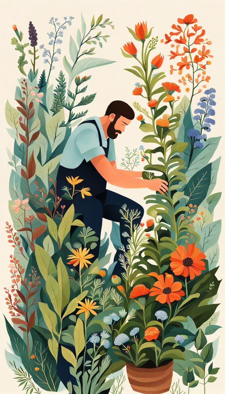 Botanist Creating Herbarium in Gouache Style