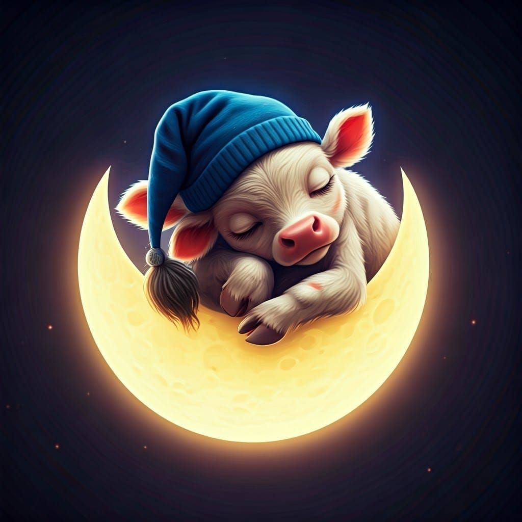 Baby Cow Sleeps on Moon: 3D Digital Art
