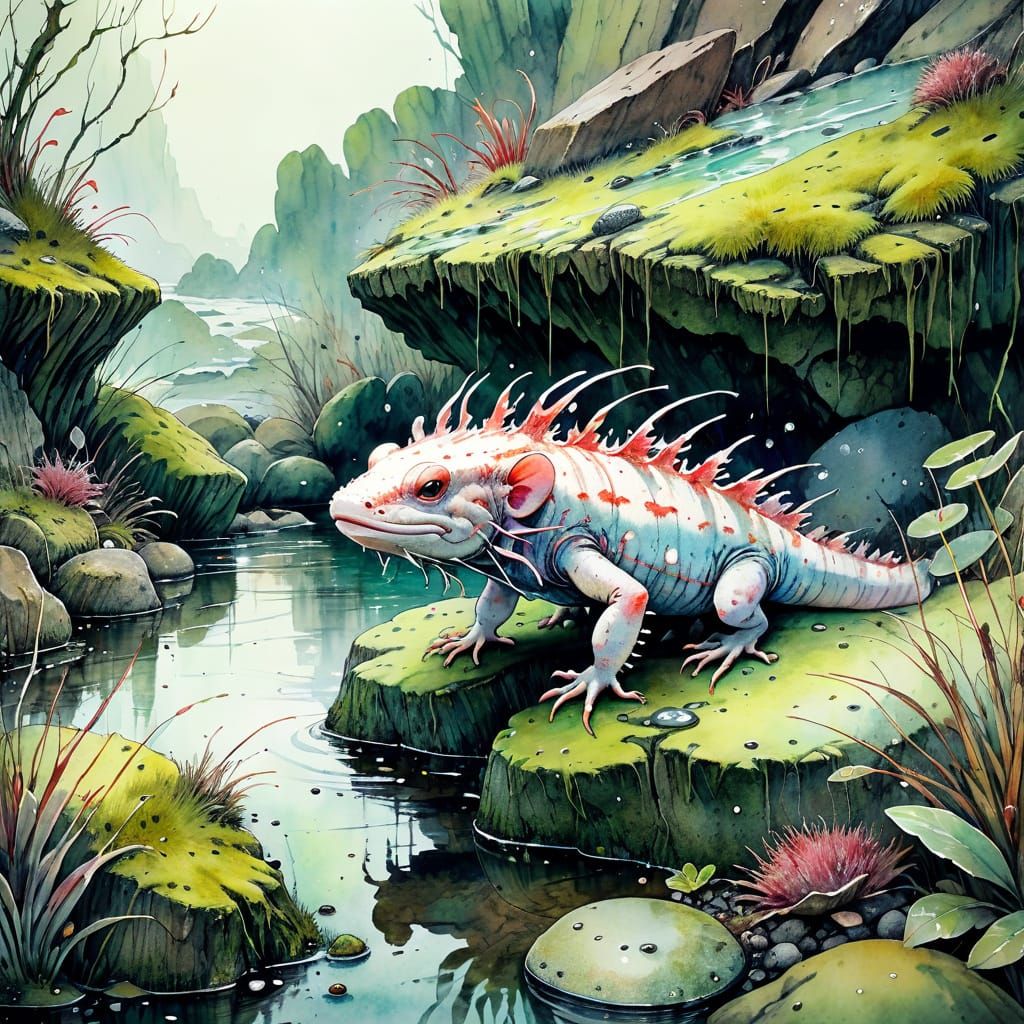 Vibrant Axolotl on Mossy Rock in Whimsical Watercolour Style