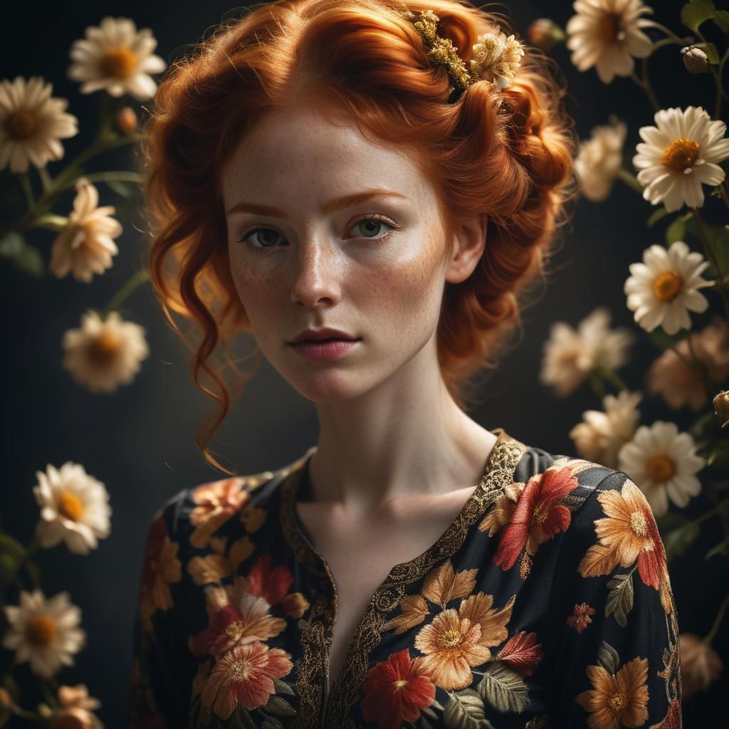 Floral Redhead Portrait in Hyperrealistic Style
