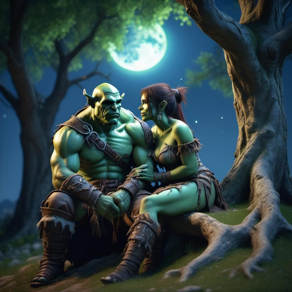 Orc Couple in Love Under Moonlight: Digital Photo