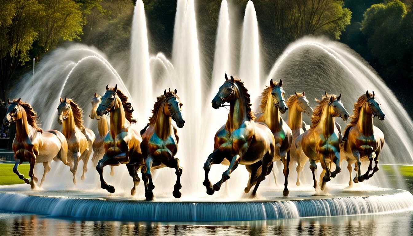 Sculpture of Horses Stampeding Through a Water Fountain.
