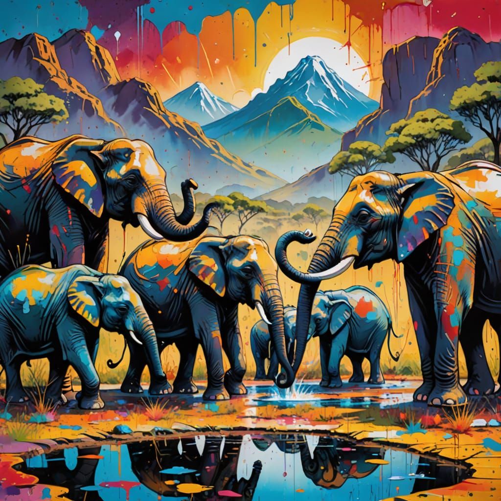 Elephants at Watering Hole in Graffiti Style