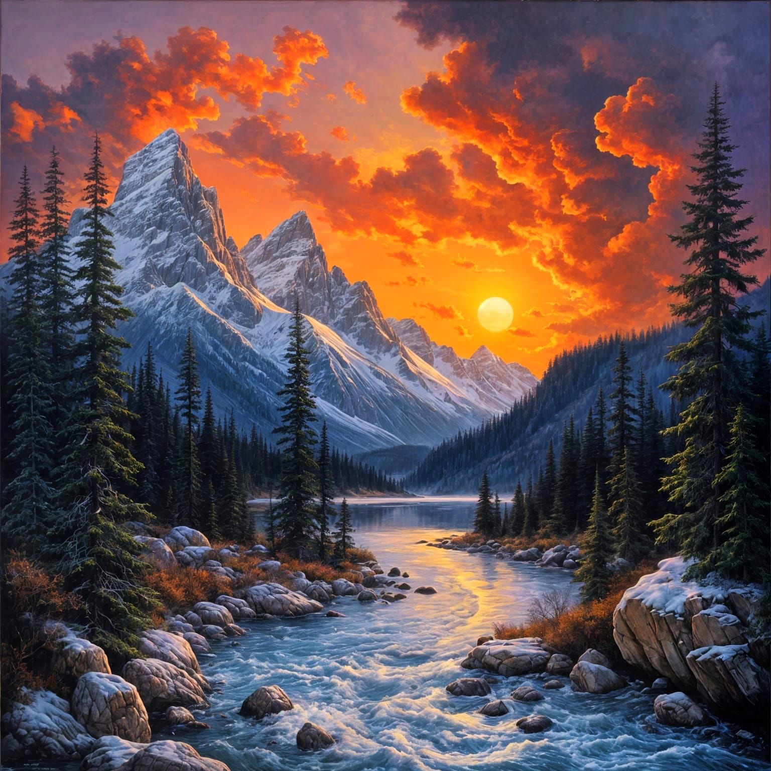Winter Sunset River Landscape Oil Painting