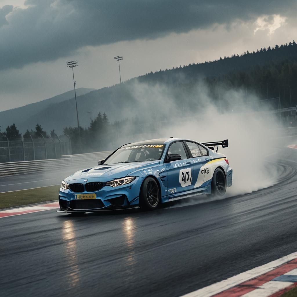 Blue and White BMW Race Car on Track
