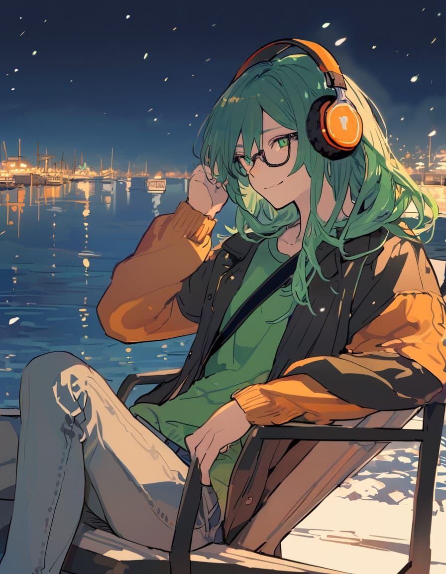 Surreal Winter Harbour Scene in Vibrant Green and Orange Hue...