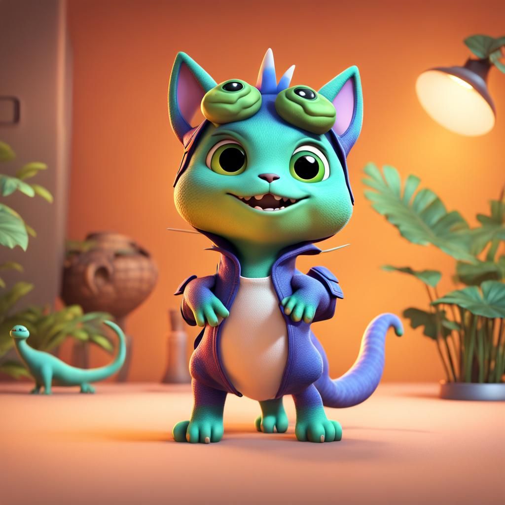 Cat in Dinosaur Costume: Pixar-Style 3D Digital Art