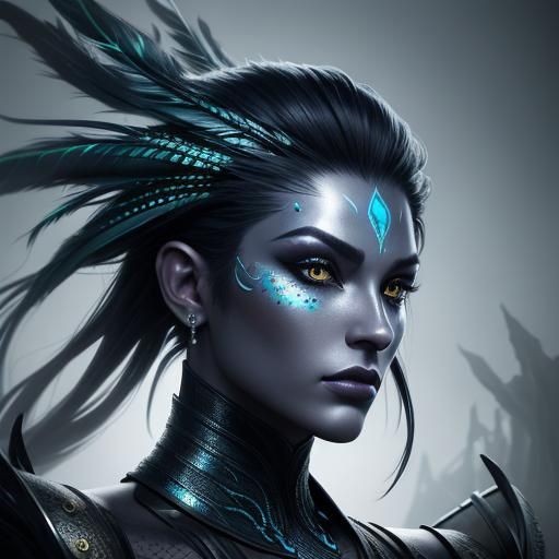 Dragon Woman Portrait with Metallic Skin and Feathers