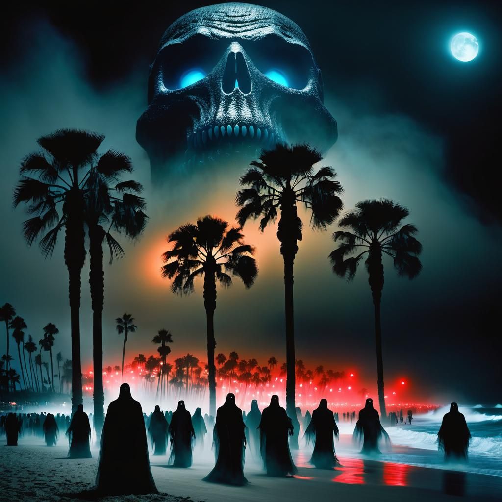 Bioluminescent Ghosts on Misty Beach with Glowing Red Eyes