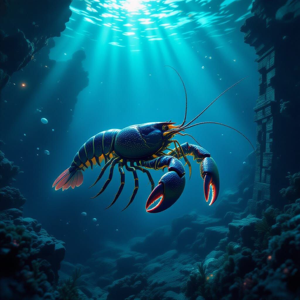 Bioluminescent Crawfish in Deep-Sea Ruins, Giger-Inspired St...