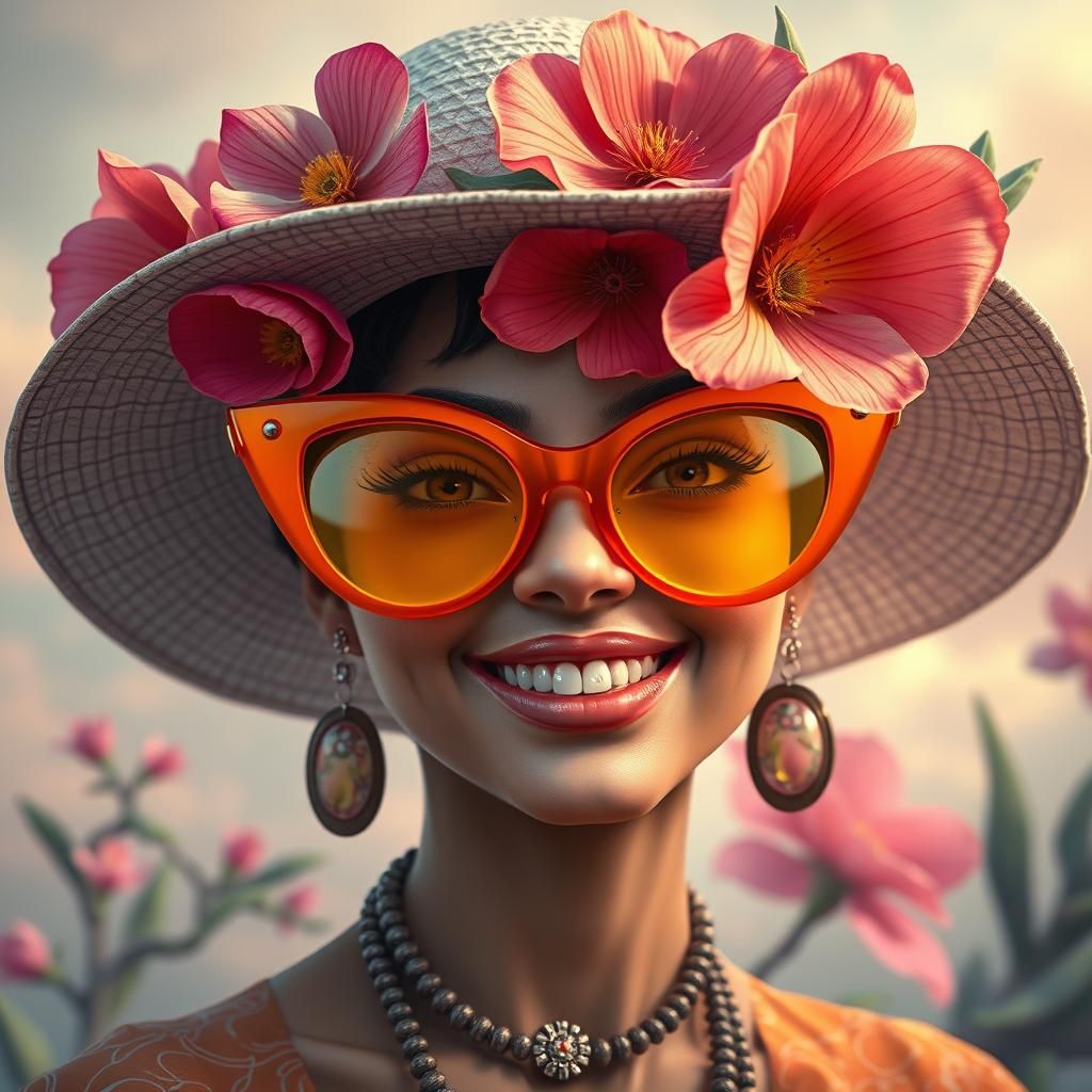 Smiling Woman with Flowers, Matte Painting Style