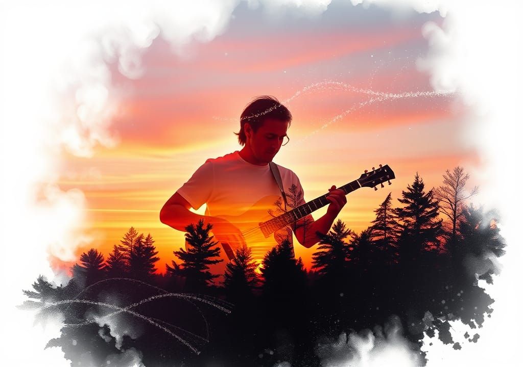 Ethereal Guitarist in Surreal Double Exposure Sunset