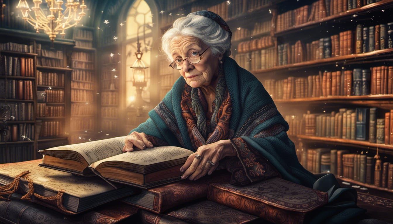 Wise Woman in Library: Fantasy Concept Art