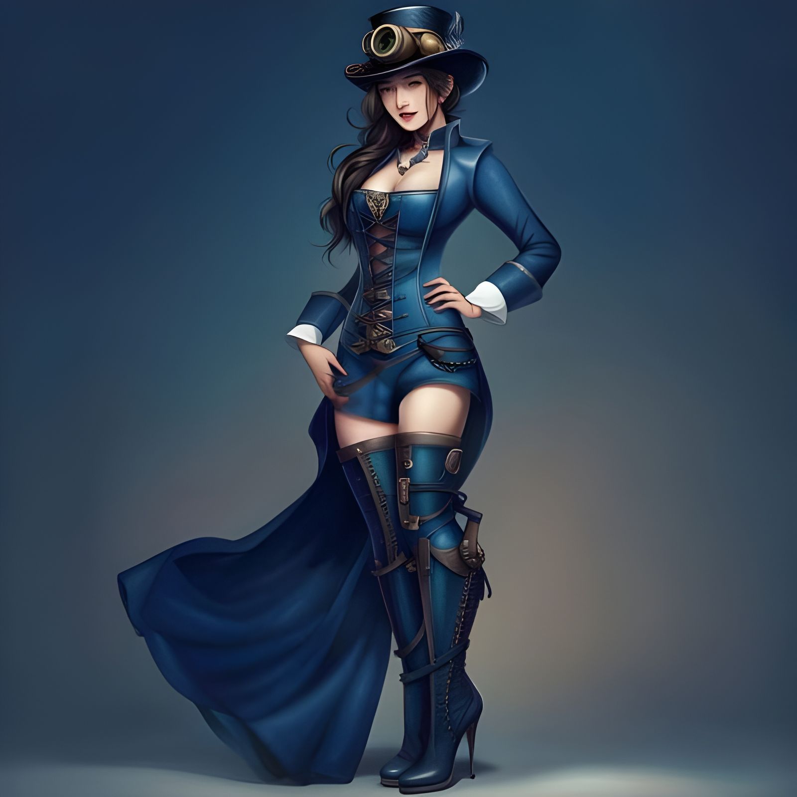 Steampunk Woman in Blue Dress and Top Hat