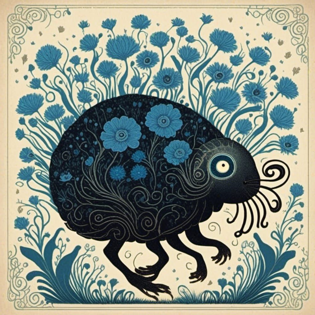Cute Brain Creature in Blue Flowers