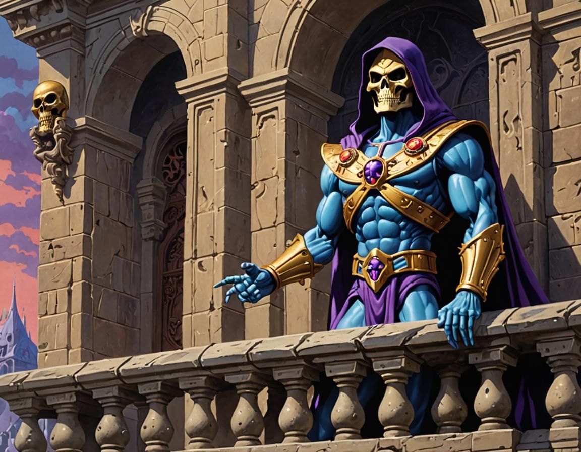 Skeletor on balcony, Masters of the Universe. MOTU, style of Shinji Aramaki