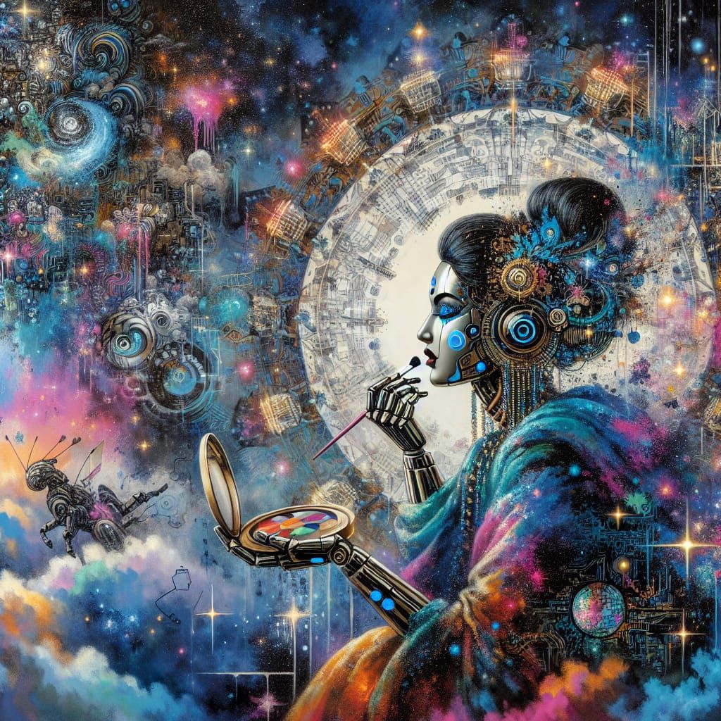 Robot Woman in Celestial Cyberpunk Makeup Art