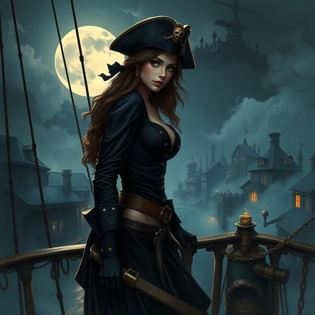 Mysterious Pirate Maiden Against a Dark Urban Skyline