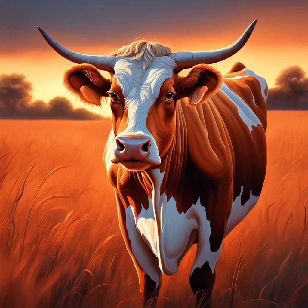 Orange Cow in Dusky Pasture: Hyperrealistic Concept Art