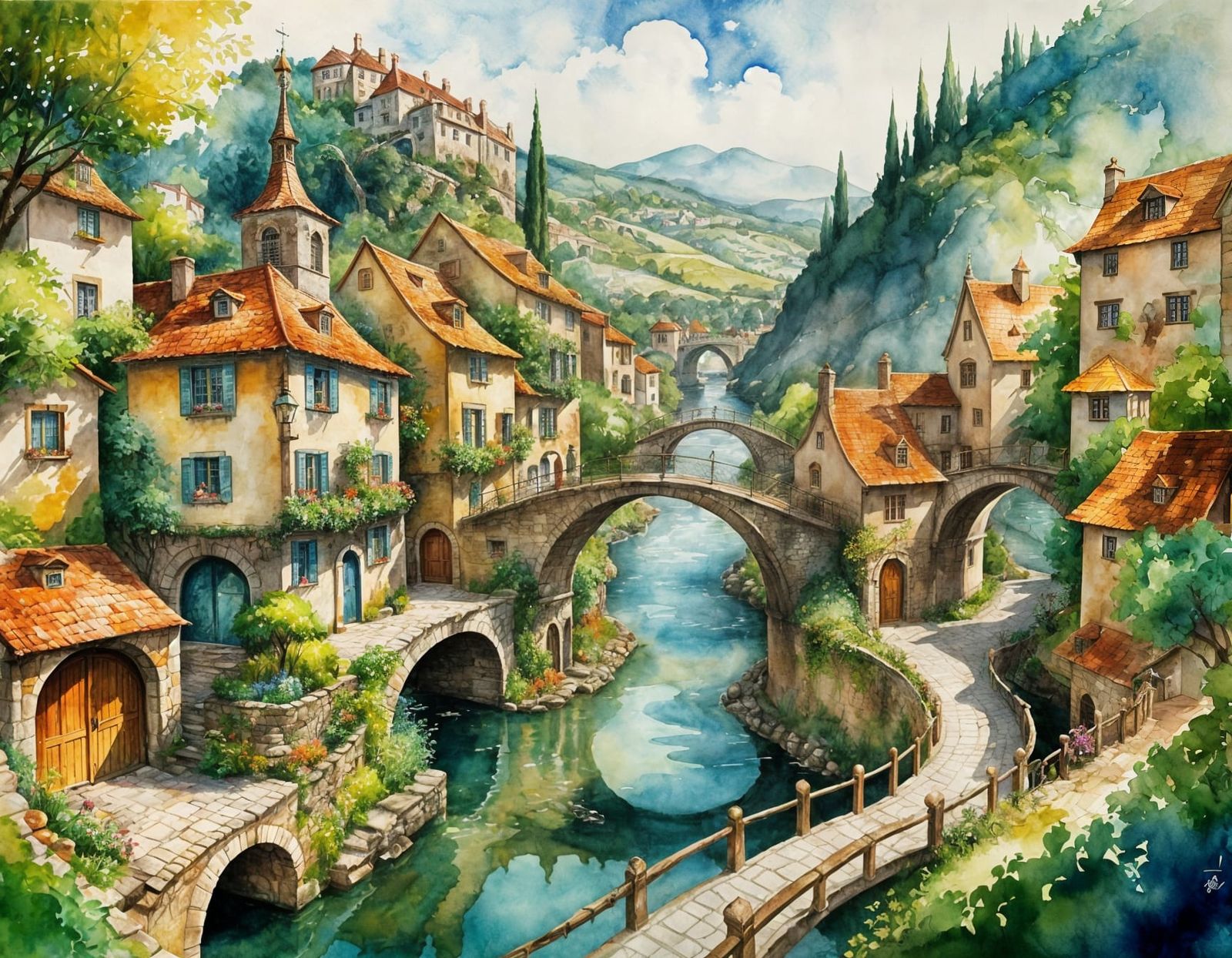 Watercolor European Village with Dreamlike Architecture