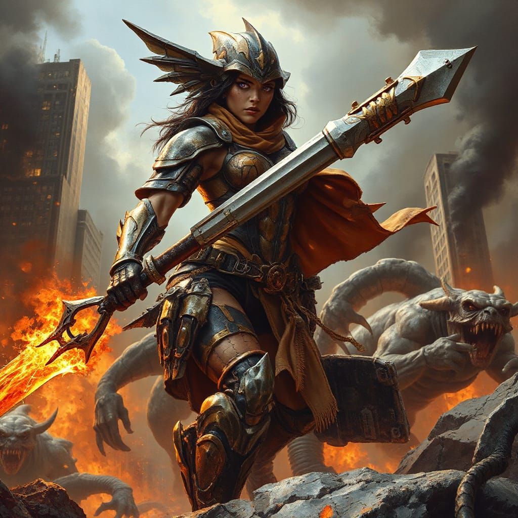 Epic Cyberpunk Warrior in Hellish Battle