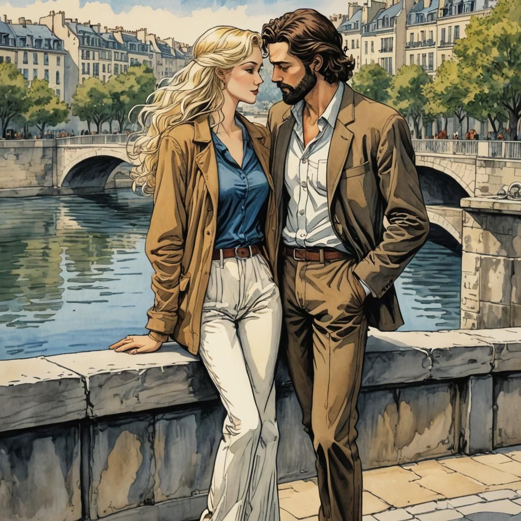 Romantic Couple Kissing in Paris, Comic Book Style