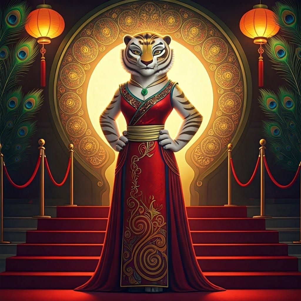 Elegant White Tiger in Art Nouveau Red Carpet Illustration