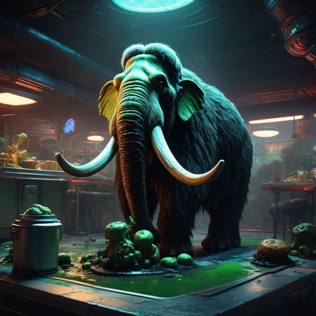 Wooly Mammoth in Space Diner: Pixar-Style 3D Render