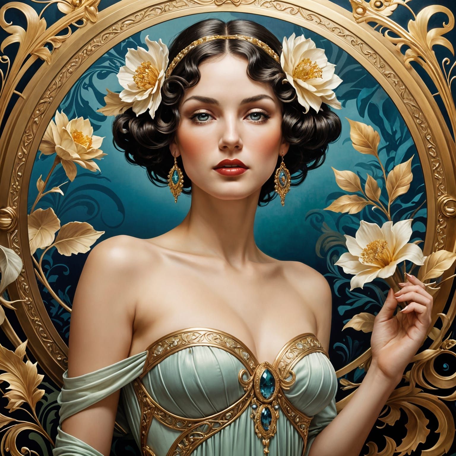 Glamorous Art Deco Portrait with Flowing Floral Details