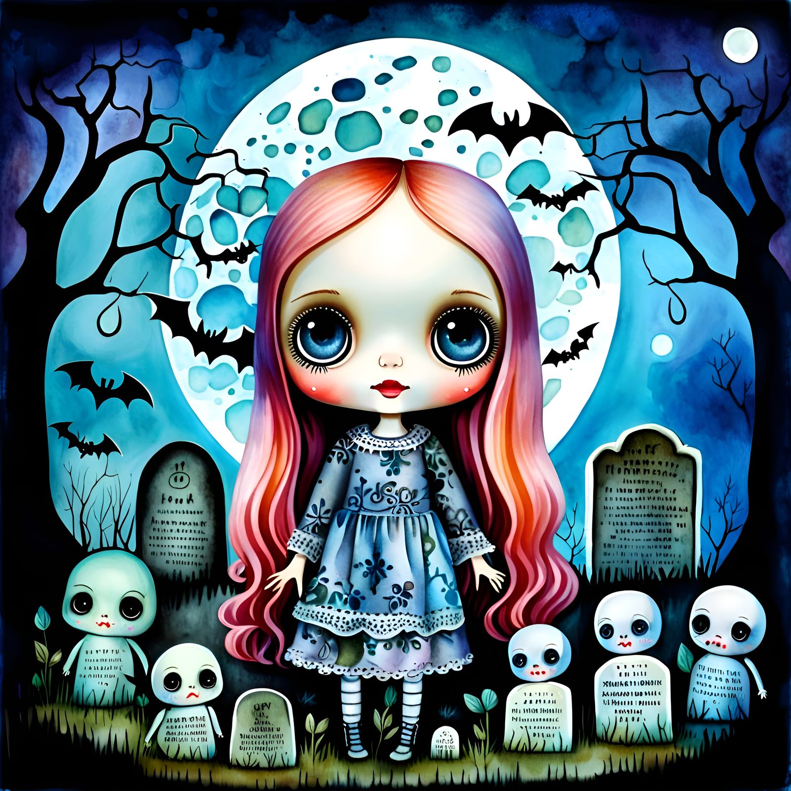 Watercolor Art Brut Doll in Cemetery