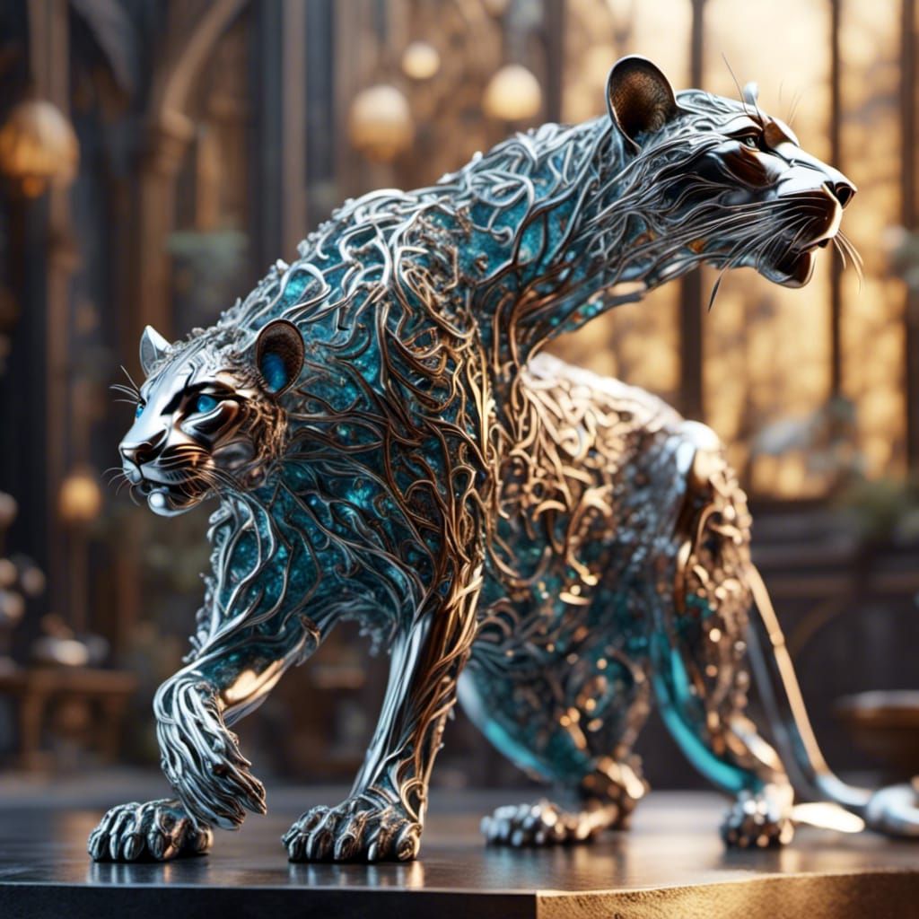 Hyperrealistic Stainless Steel Panther Sculpture in Splash A...